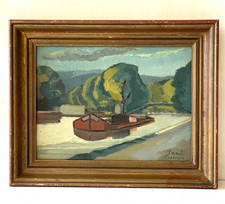 Ancien Tableau HSC Peinture Fauve - Péniche sur le Canal - Signé - Art Lorrain