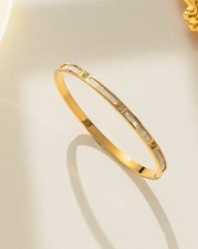 Bracelet Fin En Acier Inoxydable Bijoux Femme Jonc Doré Or Jaune Pierre Blanche