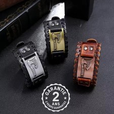 Bracelet Homme Cuir Tissé Brodé Tomahawk Hache avec Rune Viking Large Celtique