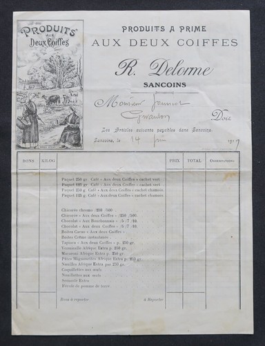 Facture sancoins 1919 aux deux - facture,