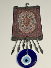 Tapis vintage turc fait à la main décoration murale  verre bleu mauvais œil