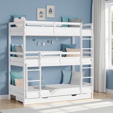 Lit Enfant Superposé Mezzanine 90x200 cm Triple Bois Blanc Tiroir Homestyle4u