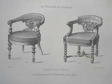Fauteuis de Bureau vieux bois GRAVURE le MAGASIN de MEUBLES Victor QUETIN XIXéme