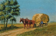 Vintage French Oil Painting Peasant Horses Cart Harvest Summer WWII Signed, 41