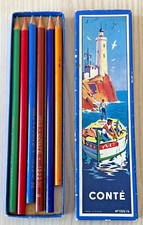 6 Crayons de Couleurs CONTE N°1322/6 FRANCE Ancienne Boite Carton Bateau Phare
