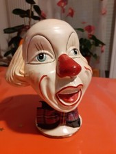 Vintage, rare tirelire ancienne, Tête de clown avec nœud? au cou, parfait état.