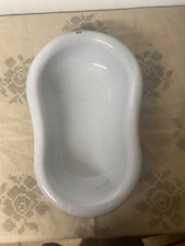 Ancien bidet en tôle émaillée blanc et son liseret bleu roi vintage très sympa