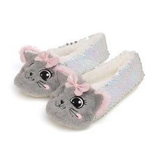 Enfants Filles Gris Sequin Chat Avec 3D Oreilles Noeud Souple Peluche Intérieur