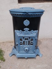 Poêle Godin 3726 ovale emmaillé bleu majolique sortie 125mm 5Kw buches 40cm