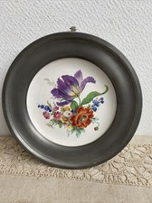Ancienne Assiette Porcelaine Décorative Contour Étain Decor Fleur Vintage 