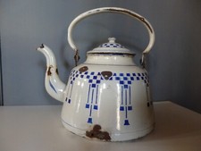 ANCIENNE BOUILLOIRE TOLE EMAILLEE DAMIER BLEU BLANC LUSTUCRU ART DECO cafetière