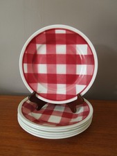 6 ASSIETTES A DESSERT 20,5 CM   ECOSSAIS /TORCHON  CARREAUX ROUGES & BLANCS
