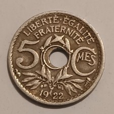 Pièce 5 Centimes, 1922 Lindauer, Trou Décentré, TTB, Du cupronickel