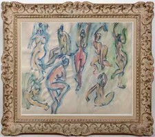ARTISTE A IDENTIFIER AQUARELLE GROUPE DE NUS FEMININS VERS 1950 (358)