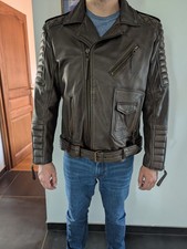 Blouson Biker marron vieilli en cuir de vachette pleine fleur Nombreuses poches