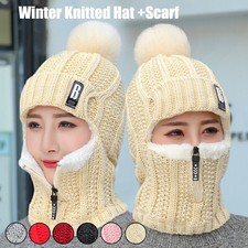 Bonnet femme hiver bonnet siamois écharpe col chaud coupe-vent tricoté chapeau