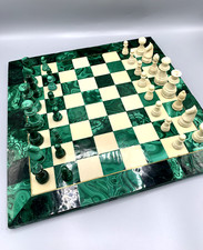Jeu d’échecs ancien complet – Échiquier en malachite 36,5 x 36,5 cm vintage