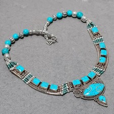 Collier bijoux népalais mode bohème fait main turquoise tibétaine 18" SR 6915