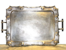 ?? GRAND PLATEAU DE SERVICE MÉTAL ARGENTE PRISE ÉBÈNE MARTELÉ ART DÉCO NOUVEAU