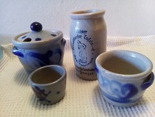 MOUTARDIERS ANCIENS de CUISINE en GRES GRIS-BLEU LOT de 4 objets COLLECTION TBE