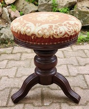 Ancien Tabouret de Piano Réglable Bois Tourné et Tissu Floral Tripode Circa 1900