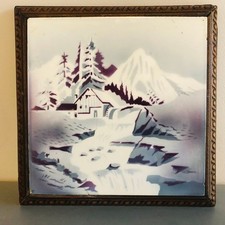 Ancien dessous de plat-  Carreau faïence céramique - décor La montagne en hiver