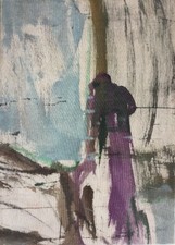 Claude BURET née en 1926.L’homme et la Tourmente.Huile/soie.SBD.40x30.