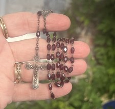 ANTIQUE ART NOUVEAU Garnet Red Beads ROSARY Sterling Silver Lourdes 17” Prayer