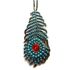 COLLIER sautoir femme long pendentif doré grande plume bleu turquoise et rouge