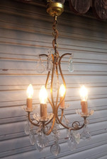 Ancien lustre cage 4 feux à pampilles de cristal / complet en état de marche