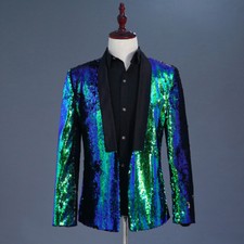 Hommes Réversible Bicolore Paillettes Sequin Veste Suit Blazer Déguisement Haut