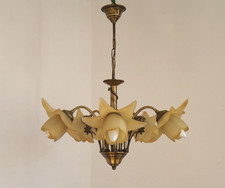 Lustre ancien français 5 lumières effet bronze métal joli abat-jour fleurs 5551