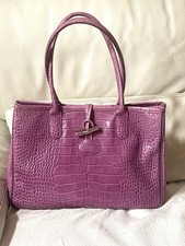sac cabas Longchamp Roseau Cuir croco Rose Fuchsia,  port épaule, 36 cm, A4