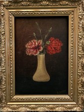 Tableau peinture ancienne nature morte aux œillets signée