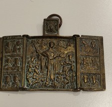 Icône othodoxe en bronze, ancien triptyque religieux