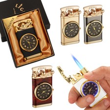 Métal Briquet à Cigare Jet Torche Flamme Rechargeable Gaz Butane Horloge Montre