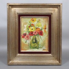 Vintage French Oil Painting Canvas Bouquet of Flowers Green Glass Pitcher Signed