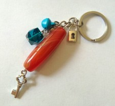 Porte Clé / Bijou de sac Agate orange + Cadenas Cube Clochette