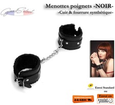 Menottes poignets -NOIR- Cuir & Fourrure - Jeux Érotiques BDSM Lingerie (X314)