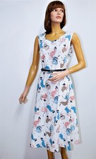Vintage 1940s/50s sleeveless mid-calf length cotton rooster print dress size 12