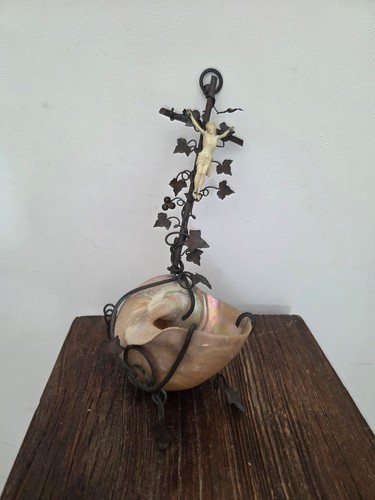 Ancien benitier nacre croix - benitier,
