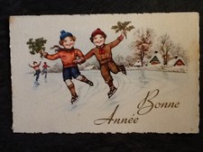 CP ILLUSTREE BONNE ANNEE ENFANTS BONNET TREFLES HOUX SUR PATINS A GLACE - 8253