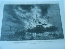 Gravure 1872 - Amérique Méridionale Incendie du bateau America Rio Janeiro