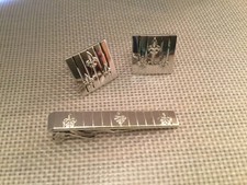 Vintage SWANK Fleur-De-Lis Cufflinks & Tie Clip In Silver Tone