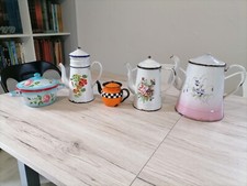 Set of French enameled sheet metal utensils (Tureen, Tea-Pot, Coffee Maker)