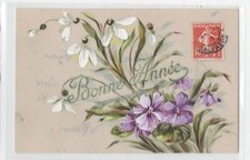 CPA Fantaisie celluloïd BONNE ANNEE Bouquet Perce-neige & Violettes. Ecrite 1909