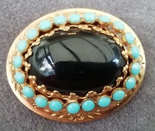 Broche ancienne Art Deco métal doré Turquoise cabochon noir 
