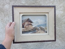 TABLEAU CHALET MONTAGNE ET PONT BOIS SCULPTE PAR FRANCOIS RAUGEL