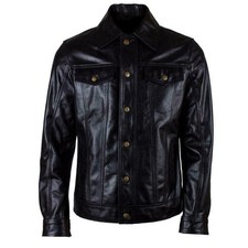 Veste en jean à manches longues pour hommes en cuir véritable police style...