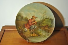 Plat terre cuite peint décoratif ancien 19 siècle d'après Gustave Doré pècheur